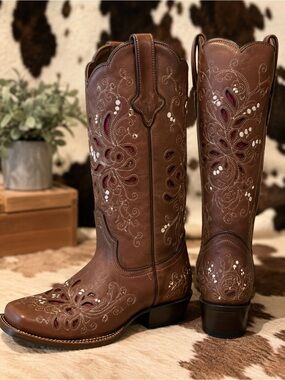 Tanner Mark Brown Western Embroidered with red inset Women's Cowgirl Boots